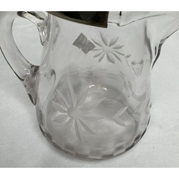 Vintage Glass Syrup Pitcher With Etched Floral Design & Hinged Metal Lid - Picture 2 of 10